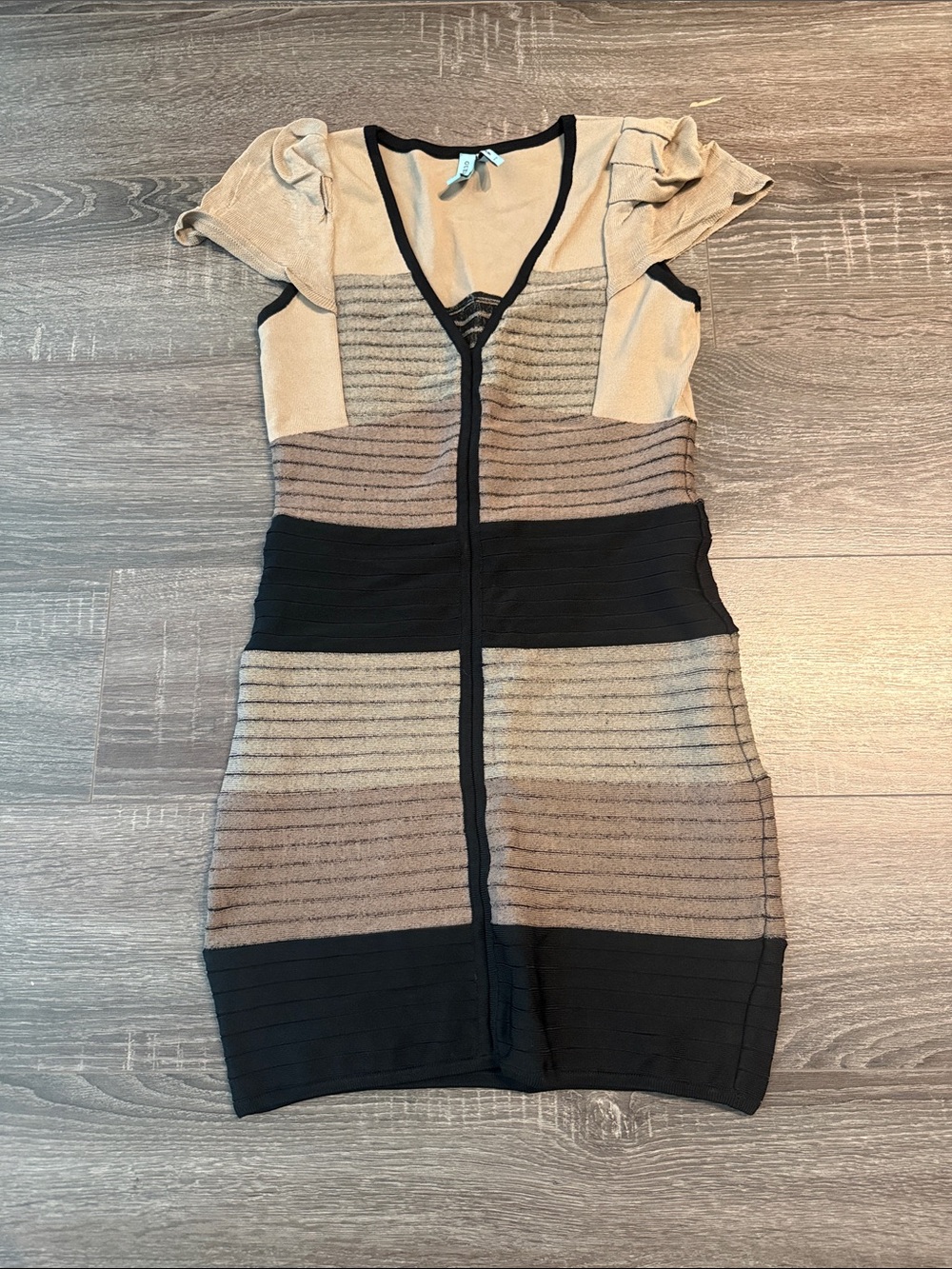 Marciano Neutral Striped V‑Neck Knit Dress with Black Accents